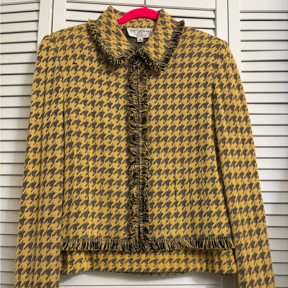 St. John Black and Yellow Houndstooth Fringe Jacket SIZE 12